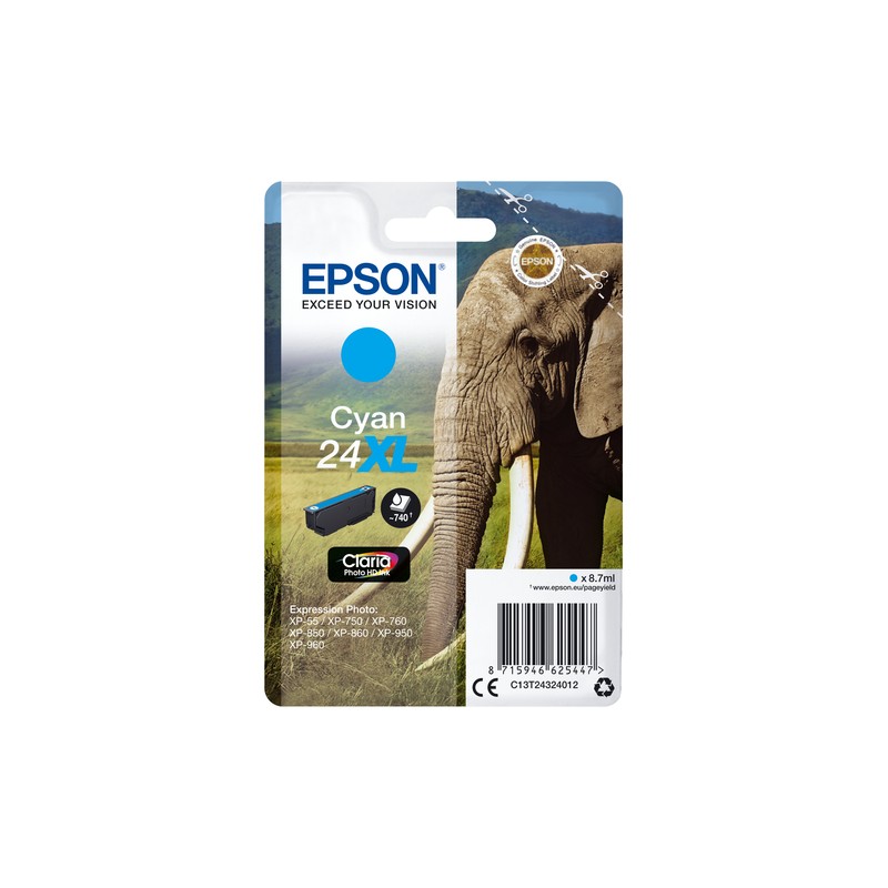 Epson Elephant Singlepack Cyan 24XL Claria Photo HD Ink